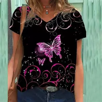 Футболка с цветочным принтом, женская футболка с короткими рукавами и V-образным вырезом S