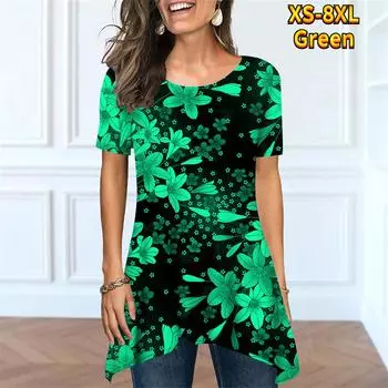 Футболка с цветочным принтом, женская футболка с круглым вырезом и коротким рукавом, трендовый топ, летняя женская повседневная винтажная футболка, элегантный пуловер XS-8XL S