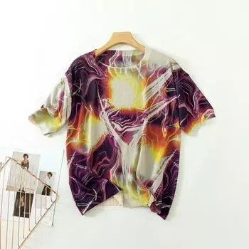 Футболка с цветочным принтом, женская летняя одежда, винтажные вязаные свитера с круглым вырезом и половиной рукавов, женские свободные пуловеры L