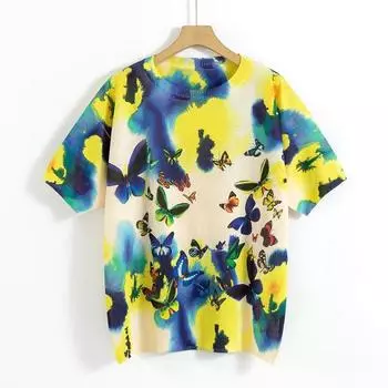 Футболка с цветочным принтом, женская летняя одежда, винтажные вязаные свитера с круглым вырезом и половиной рукавов, женские свободные пуловеры L