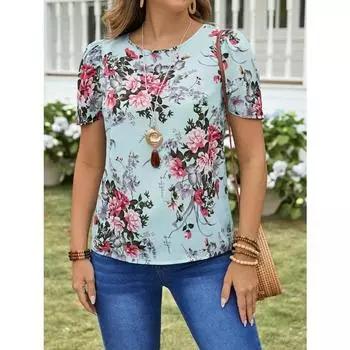 Футболка с цветочным принтом женская летняя уличная мода с круглым вырезом и коротким рукавом топы большого размера свободная женская одежда повседневная универсальная S