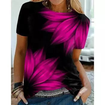 Футболка с цветочным узором для женщин, футболки с 3D-принтом в виде растений, летние модные футболки больших размеров с короткими рукавами и круглым вырезом 5XL