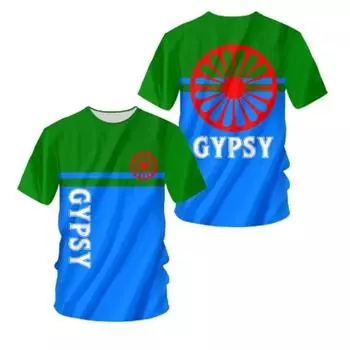Футболка с цыганским национальным гербом и 3D-принтом на флаге, мужская летняя футболка с коротким рукавом, модная повседневная мужская футболка с круглым вырезом M