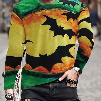 Футболка с длинным рукавом и цветным блоком с 3D-принтом и летучей мышью для мужчин - яркая графика из мягкой ткани, идеальная для Хэллоуина, весна-осень S