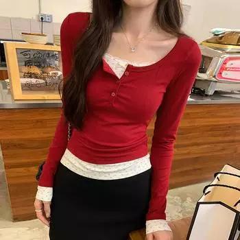 Футболка с длинным рукавом и имитацией настоящего цветочного красного цвета, новая короткая корейская куртка с U-образным воротником начала осени S