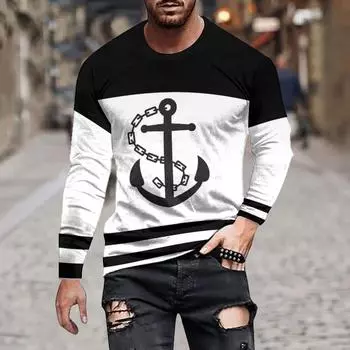 Футболка с длинным рукавом и круглым вырезом, свободная повседневная, с принтом в черно-белом цвете и нерегулярным узором для мужчин и женщин L