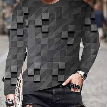 Футболка с длинным рукавом и круглым вырезом с 3D-принтом и геометрическим узором для мужчин, стильная, весна-осень, удобная, повседневная одежда S