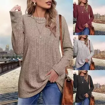 Футболка с длинным рукавом и круглым вырезом в полоску, осень 2024 г. XL светло-серый