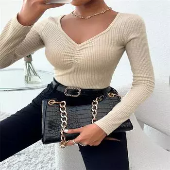 Футболка с длинным рукавом и квадратным вырезом Bar Clavicle, однотонный облегающий трикотажный топ S миндальный