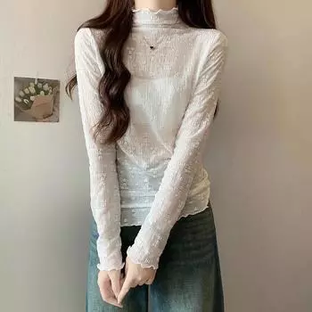 Футболка с длинным рукавом и полуводолазкой для женщин, осенне-зимняя, с правым плечом, облегающая, плюс бархатный утолщенный кружевной верх S