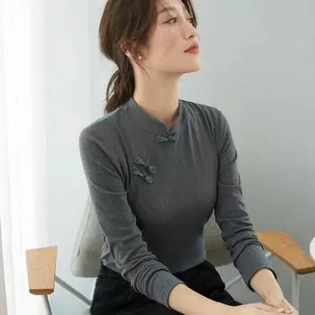 Футболка с длинным рукавом и полуводолазкой, утолщенная, для женщин, осень и зима, тонкая, новая, в китайском стиле, однотонная, в стиле футболки S зелёный