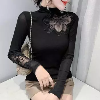 Футболка с длинным рукавом и полуворотником, женская, осень-зима, новый темперамент, нижняя часть рубашки, верх S