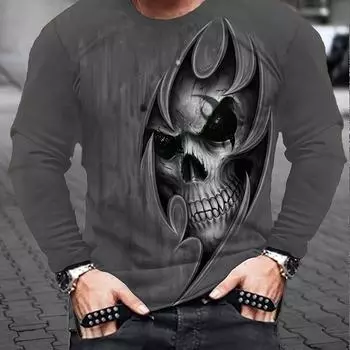 Футболка с длинным рукавом и принтом 3D-черепов больших размеров для мужчин, повседневная модная одежда для высоких мужчин на весну и осень S
