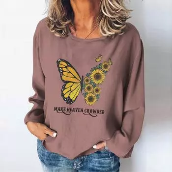 Футболка с длинным рукавом и принтом бабочки, женская хлопковая футболка с круглым вырезом, свободная базовая женская одежда, осенняя повседневная уличная одежда S