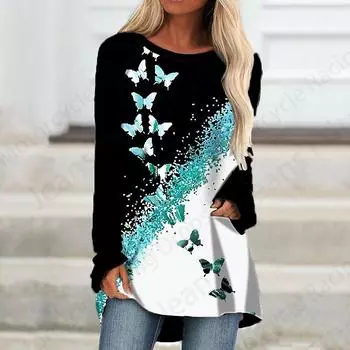 Футболка с длинным рукавом и принтом бабочки 3D, женская мода, длинная туника с круглым вырезом, женская осенняя одежда с изображением животных, женские топы в стиле Y2k S