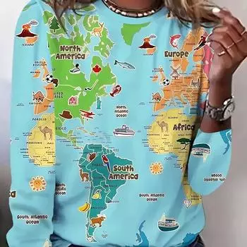 Футболка с длинным рукавом и принтом карты, повседневный топ с круглым вырезом для женской одежды на весну и осень S