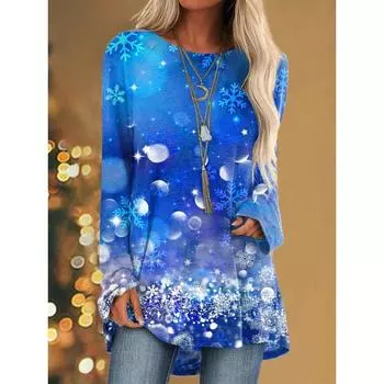 Футболка с длинным рукавом и принтом рождественской снежинки 3D Женская мода с круглым вырезом Длинная туника Топы Женская осенняя одежда Femme Топы Осень S