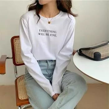 Футболка с длинным рукавом и принтом в виде букв весна-осень женская повседневная свободная белая черная y2k верхняя часть нижняя одежда верхняя одежда M