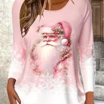 Футболка с длинным рукавом и ярким праздничным рождественским принтом для женщин больших размеров - мягкая, дышащая, повседневная, с круглым вырезом S