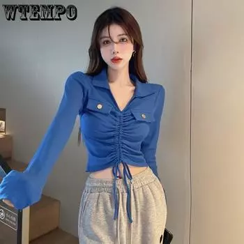 Футболка с длинным рукавом и шнурком, топ женский, короткий, с высокой талией, рубашка-поло с вырезом, облегающая рубашка с открытым пупком для девочек S чёрный