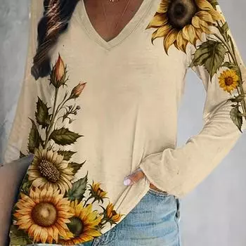 Футболка с длинным рукавом и V-образным вырезом с принтом подсолнуха, футболки в повседневном стиле на весну, удобные женские S