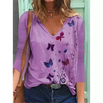 Футболка с длинным рукавом и V-образным вырезом с принтом «Бабочка 3D» для женщин весна-осень S фиолетовый