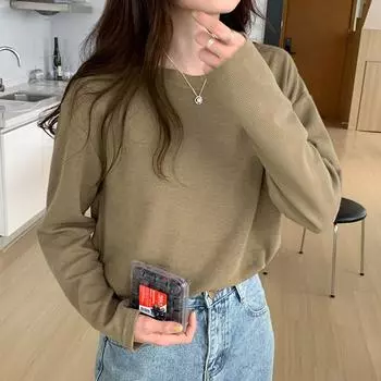 Футболка с длинным рукавом и вафельным узором, женская, с круглым вырезом, свободная и тонкая внутри, с основой из нового тренда весны и лета S