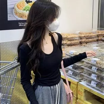 Футболка с длинным рукавом и вырезом-халтер в корейском стиле для женщин — шикарная, стильная и подчеркивающая фигуру M чёрный