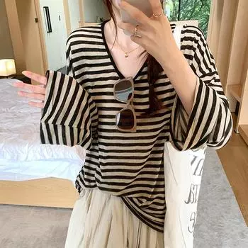Футболка с длинным рукавом и защитой от солнца в полоску в стиле ленивой моды, женская тонкая свободная блузка большого размера M