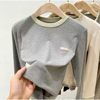 Футболка с длинным рукавом из бархата и подобранными цветами для женщин в стиле Харадзюку, повседневная, тонкая, толстая, теплая, серая, женская M