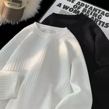 Футболка с длинным рукавом из белой фактурной ткани на осень и зиму, японская свободная, большого размера, повседневная, с внутренней низом M белый