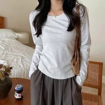 Футболка с длинным рукавом из чистого хлопка на весну и осень для женщин, однотонная, универсальная, облегающая и простая женская нижняя часть верха S светло-серый