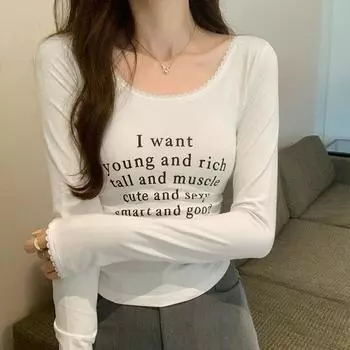 Футболка с длинным рукавом из плотного кружева с буквенным принтом, женская, новая осенняя базовая модель с низким вырезом и коротким топом S