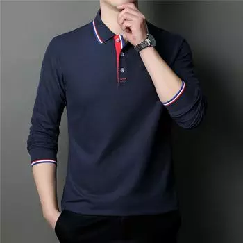 Футболка с длинным рукавом, мужская хлопковая рубашка поло контрастного цвета на весну и осень, молодежная рубашка поло в базовом стиле на четыре сезона M
