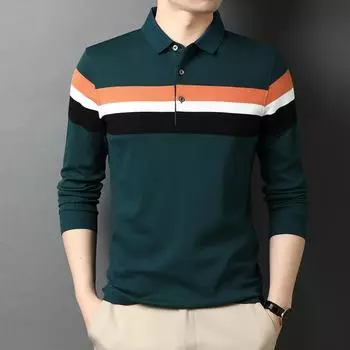 Футболка с длинным рукавом, мужская хлопковая, весна-осень, тонкий воротник, верхняя часть, нижняя часть, горизонтальная полосатая мужская хлопковая футболка, поло M
