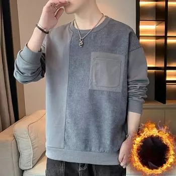 Футболка с длинным рукавом, мужская, осенняя, с круглым вырезом, свободный свитер, трендовая одежда, осень и зима, повседневная, плюс флисовая толстовка с капюшоном M