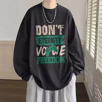 Футболка с длинным рукавом, мужская повседневная рубашка, фирменный топ с круглым вырезом, трендовая свободная рубашка, подходящая ко всему M