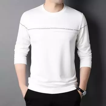 Футболка с длинным рукавом, мужская с круглым вырезом, весенне-осенняя, с тонким принтом, деловая повседневная, элитная модная толстовка с капюшоном, мужская базовая рубашка среднего возраста M