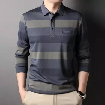 Футболка с длинным рукавом, мужская, весна-осень, тонкая, полосатая, мужская, поло, топ с карманом для папы среднего возраста M