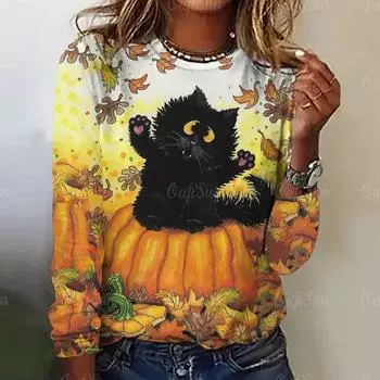 Футболка с длинным рукавом на Хэллоуин для женщин, осенние милые футболки с 3D-принтом в виде кота, повседневный пуловер, праздничный топ S