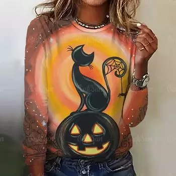 Футболка с длинным рукавом на Хэллоуин для женщин, осенние милые футболки с 3D-принтом в виде кота, повседневный пуловер, праздничный топ S
