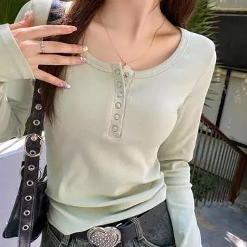 Футболка с длинным рукавом на правом плече для женщин, весна и осень, новая серая рубашка с круглым вырезом и низким воротником из чистого хлопка, весенний топ M