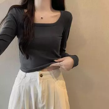 Футболка с длинным рукавом на правом плече для женщин на осень и зиму, новый стиль, квадратный воротник, внутренняя часть ключицы, ниша, нерегулярный низ, верхняя часть рубашки S