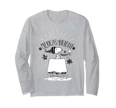 Футболка с длинным рукавом Peanuts Christmas Snoopy and Woodstock, веселая и яркая серый