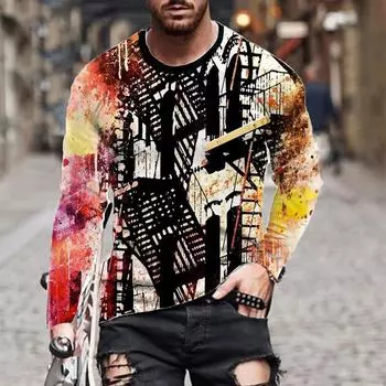 Футболка с длинным рукавом с 3D-цифровой печатью, мужская, больших размеров, уличная, мягкая, удобная, с круглым вырезом S