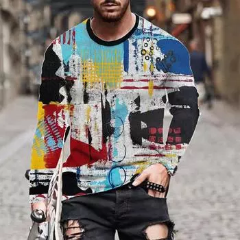 Футболка с длинным рукавом с 3D-цифровой печатью, мужская, больших размеров, уличная, мягкая, удобная, с круглым вырезом S