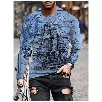 Футболка с длинным рукавом с 3D-принтом, рисунком якоря и компаса, верхняя часть, весна и осень, мужская ретро-футболка свободного покроя с круглым вырезом S