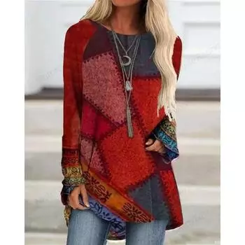 Футболка с длинным рукавом с геометрическим принтом и 3D-принтом, женская модная туника с круглым вырезом, женская футболка, дышащая женская футболка S