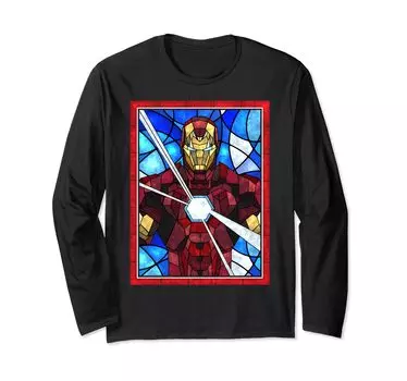 Футболка с длинным рукавом с изображением витражного портрета с дуговым реактором Marvel Iron Man чёрный