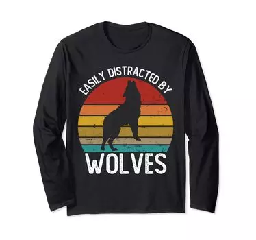 Футболка с длинным рукавом с изображением волка в винтажном стиле чёрный